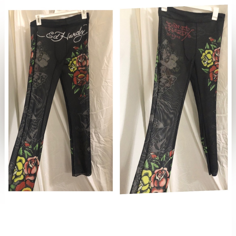 Ed Hardy black sheer mesh roses butterfly print monogram coverup pants size M